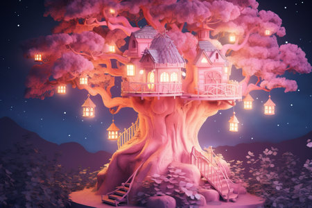 fabulous house in the pink tree illustration from generative aiの写真素材