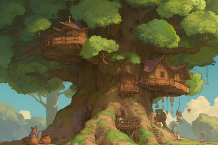 Happy squirrel family living in a tree illustration from generative aiの写真素材