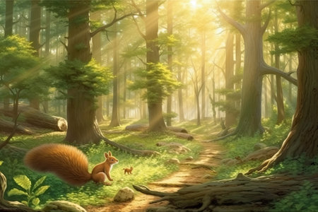 Mother and baby squirrel in the forest illustration from generative aiの写真素材