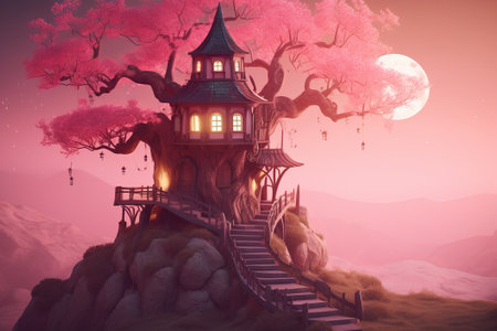 fabulous house in the pink tree illustration from generative aiの写真素材