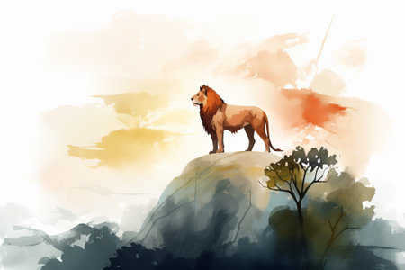 The lion stood on top of the horizon. illustration from generative aiの写真素材