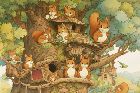 Happy squirrel family living in a tree illustration from generative aiの写真素材