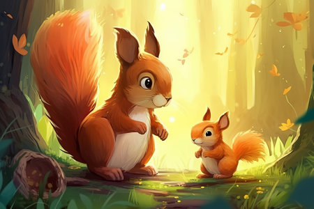 Mother and baby squirrel in the forest illustration from generative aiの写真素材