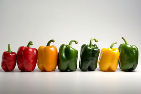 Colorful peppers in a row on a white background illustration from generative aiの写真素材