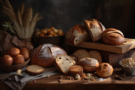 Variety of bread on wooden shelf illustration from generative aiの写真素材