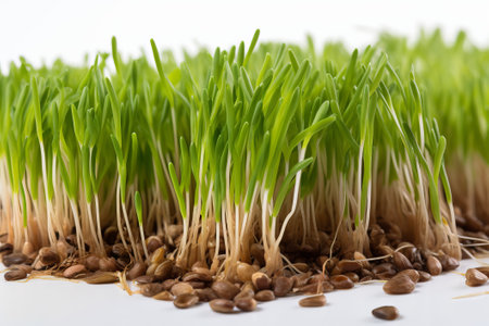 Green germinated wheat sprouts on white background illustration from generative aiの写真素材