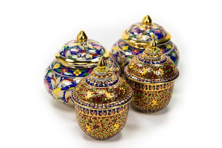 Colorful ceramic ware handcraft bowl isolated on white backgroundの写真素材