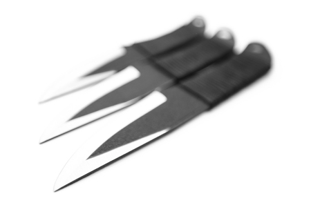 Sharp knife and a black plastic handle.Â Placed on a white backgroundの写真素材