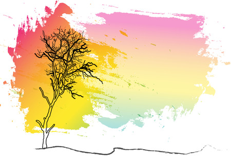 Tree with sunset color watercolor design background,Vector illustrationのイラスト素材