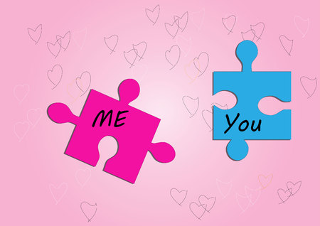 Jigsaw you and me on pink background,relationshipのイラスト素材