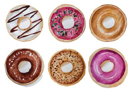 Donuts set hand drawn watercolor painting on white background . isolated pictures  for object or backgroundの写真素材