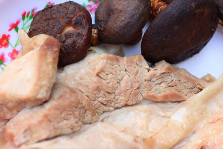 pig and mushrooms on plateの写真素材