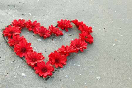 heart from flowers on sand backgroundの写真素材