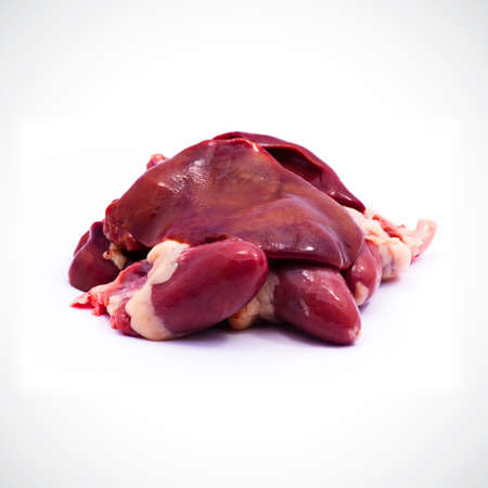 Chicken offal,Chicken livers isolated on the white backgroundの写真素材
