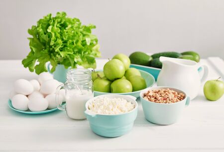 Clean eating healthy cooking ingredients. Food frame. Superfoods concept. Fitness Breakfast.Healthy eating and food, dieting, vegetarian kitchen, cooking concept and weigh loss.Fresh food on tableの写真素材