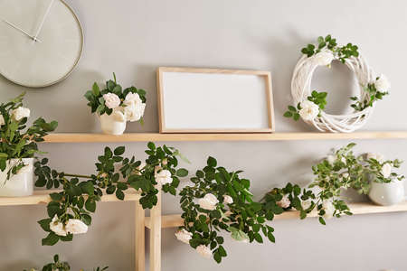 Floral background. Flower shop interior. Floral design studio, making decorations and arrangements....