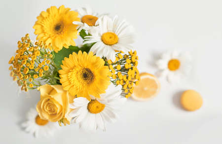 Bouquet of beautiful daisies on white background. Festive spring or summer card. Congratulations on mother's day. Women's Day. Happy Birthday! Cozy morning. Chamomile backgroundの写真素材