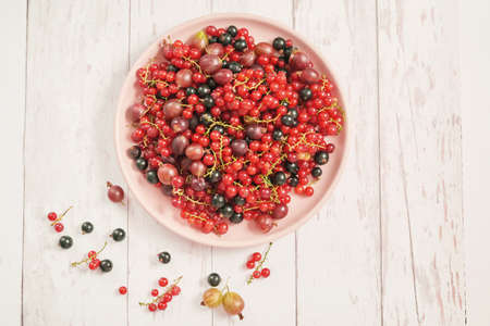 Colorful fresh berries on white background. Top view. Summer Organic Berry Cherry, Currant, Gooseberry. Agriculture, Gardening, Harvest Concept. Vitamins, Diet. Copy space. Healthly food, detox.の写真素材
