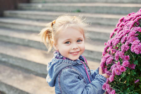 Child girl in autumn park near flower bed of chrysanthemums. Happy family on autumn walk.