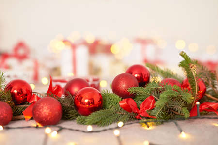 Christmas decorations with lights background. Happy New Year! Christmas greeting card. Winter card template. Xmas concept. Holiday Banner. Feast of Nativity. Traditional celebrationの写真素材