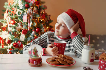 Smiling boy with christmas red cup of tea at christmass tree background. Family with kids celebrate winter holidays. Christmas eve at home. Child boy in christmas kitchen. Boy in Santa hat.の写真素材