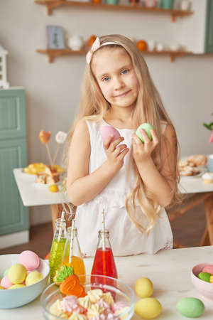 Easter greeting card with gingerbread cookies and eggs. Easter Postcard Template. Cookies in shape...