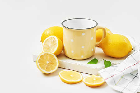 Tea with lemon. Cup of tea. Cozy morning. Healthy breakfast. Good morning. Health prevention. Vitamins. Citruses colds, copy space. Aromatherapy. Food mood. Food and drink, still life health careの写真素材