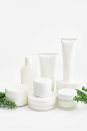 Christmas Beauty cosmetic products sale background. Flat lay composition with makeup products and...