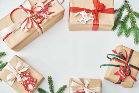 Gift boxes christmas tree background. Luxury New Year gift. Merry Christmas background with gift...