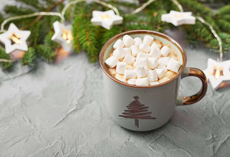 Christmas coffee cup with marshmallows. Merry christmas and new year flat lay. Winter celebrations,...