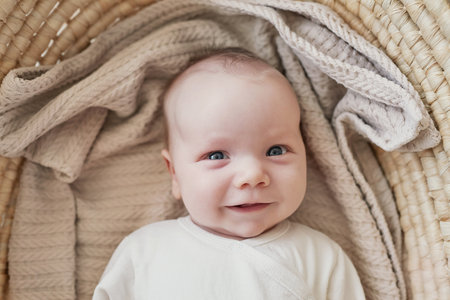 Portrait of a cute baby boy in a wicker basket. view from above.の写真素材
