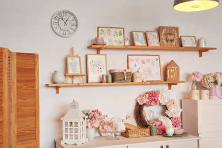 Pink kitchen. Studio apartment. loft interior. Shelves and spring decor in the room. Rent and delivery of housing. Hostel and hotel. Valentine's day, mother's day.の写真素材