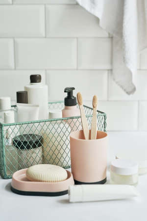 bath accessories. dressing table. cosmetics and hygiene products. Spa and beauty salon. Toothbrush and soap, cream containers.の写真素材