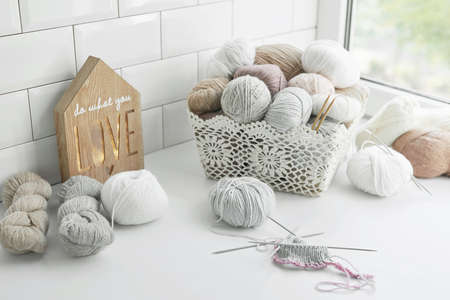 Knitted kids clothes and accessories for knitting. Needlework and knitting. Hobbies and creativity....