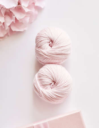 March 8 Women's Day postcard. spring festival. Skeins of yarn, knitting needles, accessories for...