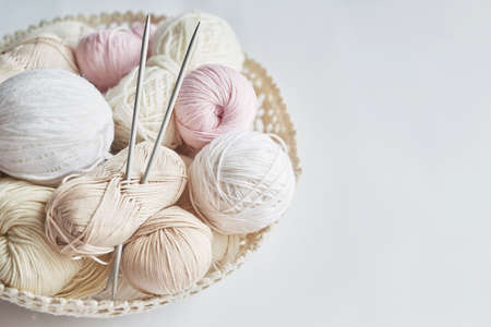 Skeins of yarn, knitting needles, accessories for knitting. handmade, hobby.