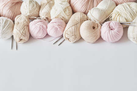 Skeins of yarn, knitting needles, accessories for knitting. handmade, hobby.