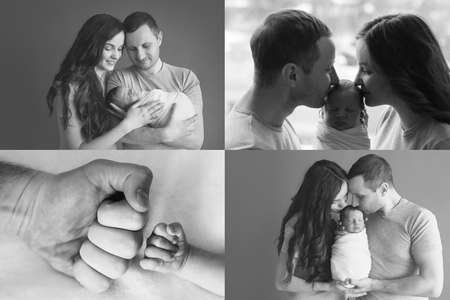 Newborn baby in mother's and father's arms. Postcard Mother's and father's day. Children Protection Day. World Happiness Day. Smiling child. happy parenting.の写真素材