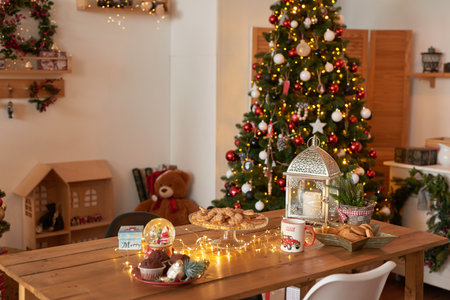 Kitchen decor. furniture and utensils. Christmas treat. New Year celebration. Winter holidays and vacations. Festive table.の写真素材