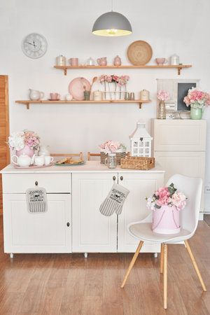 White kitchen interior. Crockery and kitchen utensils.の写真素材