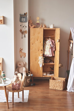 nursery interior. Wooden toys in children's roomの写真素材