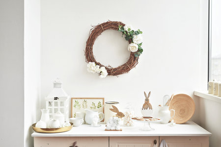 interior of modern kitchen with wreath on the wall, stock photoの写真素材