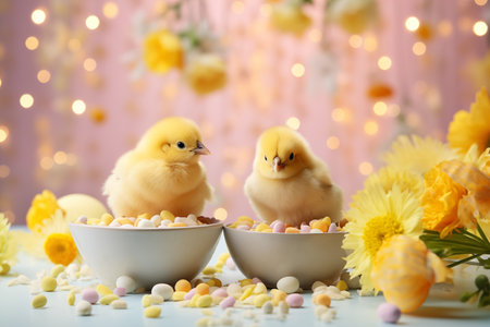 Spring flowers background. Happy Easter backdrop with chickenの素材