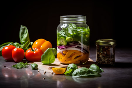 Nutritious Meals backdrop, vegetables. Salad in jar background. Veganism, vegetarianism. Healthy Eatingの素材