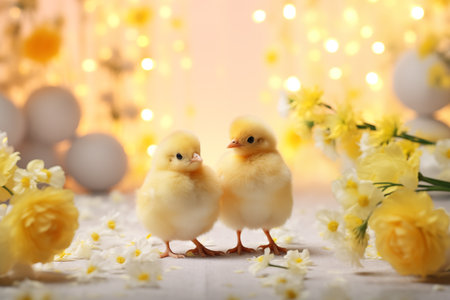 Spring flowers background. Happy Easter backdrop with chickenの素材