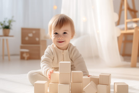Child plays with cubes. Early development. Childhood. Kid and babyの素材