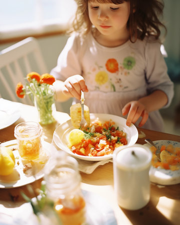 Children's healthy food. Cozy breakfast. Food for baby. Waffles, scrambled eggs, pancakesの素材