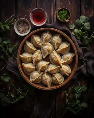 Dumplings with vegetables and greens backgroundの素材