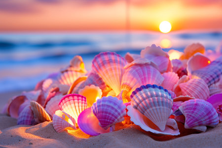 Beach colorful . Sand, sea, ocean, shells, starfish, palm trees, beach houses. Rest, vacation, relaxationの素材