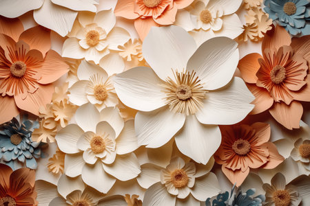 Background of paper flowers, greeting card design. International Women's Day, Mother's Day Postcard. Banner with copy spaceの素材